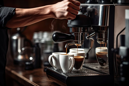 Barista making espresso in a coffee shop. Close-up.の素材