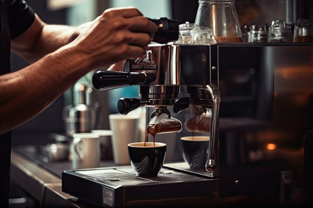 Close-up of a barista pouring coffee into a cup.の素材