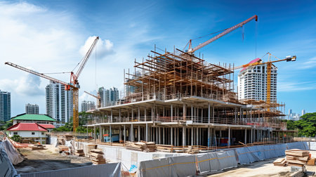 construction site with crane and building under construction on blue sky backgroundの素材