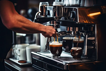 Barista pouring coffee in a cup. Professional coffee brewing process.の素材
