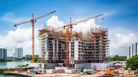 Construction site with cranes and building under construction against blue sky.の素材