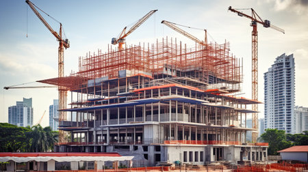 Construction site with cranes and building under construction in Bangkok, Thailandの素材