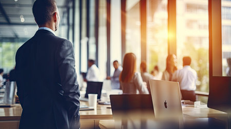 Back view of young businessman standing in modern office with colleagues in the backgroundの素材
