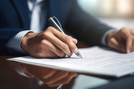 Businessman signing a contract. Closeup of male hand signing document.の素材