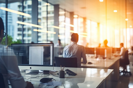 Group of business people working on computer in modern office. Blurred backgroundの素材