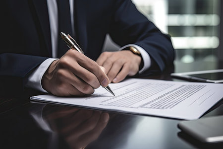 Businessman signing a contract. Close-up of male hands.の素材