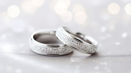Wedding rings on white background with bokeh effect.の素材