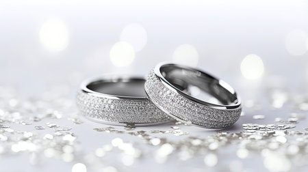 wedding rings with sparkles on bokeh background.の素材