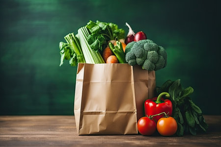 Paper bag full of fresh organic vegetables on wooden table. Healthy food shopping concept.の素材