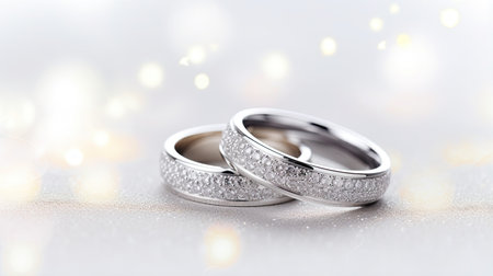 Wedding rings on white background with bokeh effect.の素材