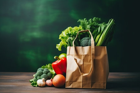 Paper bag with fresh vegetables on wooden table. Healthy food shopping conceptの素材
