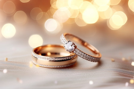 Wedding rings with diamonds on bokeh background, closeupの素材