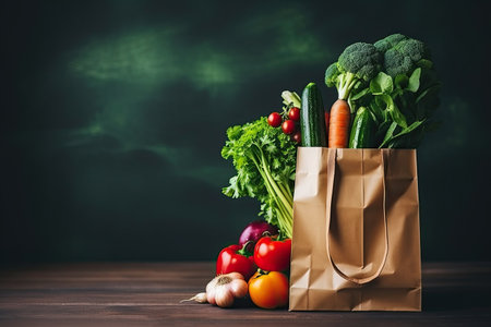 Paper bag with fresh vegetables on wooden table. Healthy food concept.の素材