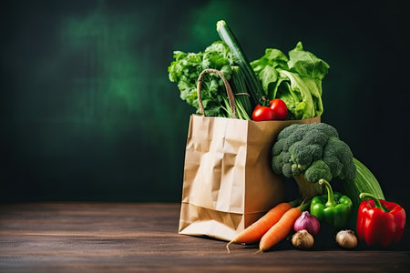 Paper bag with fresh vegetables on wooden table. Healthy food background.の素材