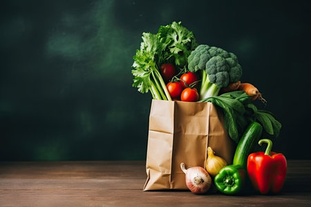 Paper bag full of fresh vegetables on wooden table. Healthy food backgroundの素材