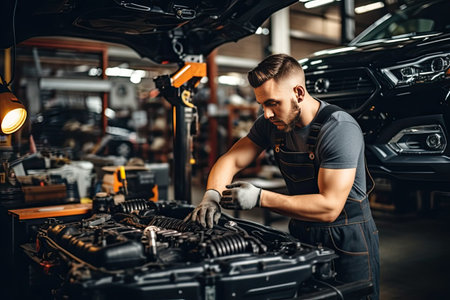 Handsome young man working in auto repair shop. Handsome man checking car engine.の素材