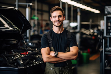 portrait of a smiling mechanic standing with crossed arms in auto repair shopの素材