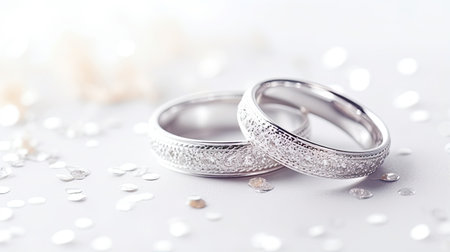 wedding rings on a white background with bokeh effectの素材
