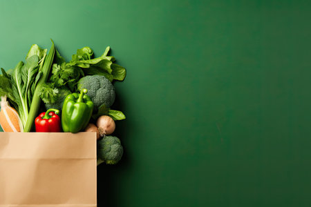 Paper bag with fresh vegetables on green background. Healthy food concept.の素材