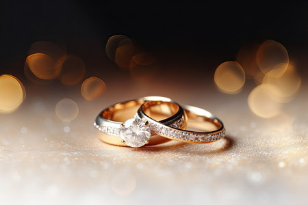 Wedding rings on a white background with sparkles and starsの素材