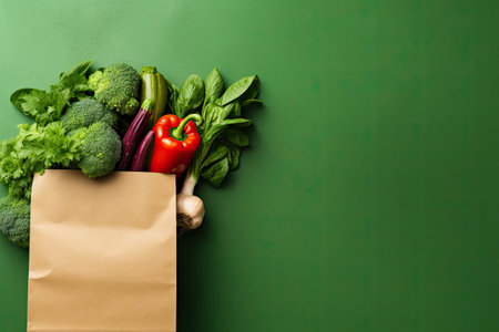 Paper bag with fresh vegetables on green background. Healthy food concept.の素材