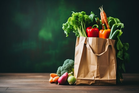 Paper bag with fresh vegetables on wooden table. Healthy food shopping conceptの素材