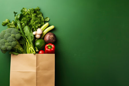 Woman holding paper bag with fresh vegetables on color background, closeupの素材