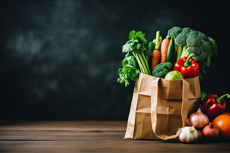 Paper bag full of fresh vegetables on wooden table. Healthy food backgroundの素材