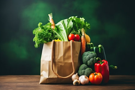 Paper bag with fresh vegetables on green background. Top view with copy spaceの素材