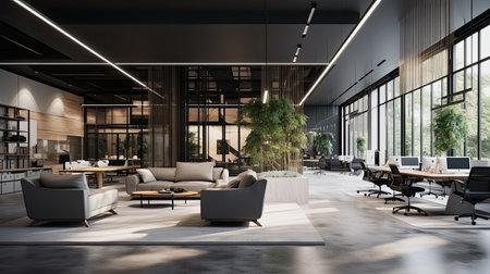 Modern office interior with city view and daylight. 3D Renderingの素材