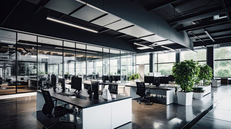 Modern open space office interior with black and white walls, wooden floor and rows of computer tables. 3d renderingの素材