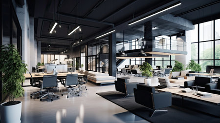 Interior of modern open space office with white walls, concrete floor, rows of computer tables with black chairs and bookcases. 3d renderingの素材