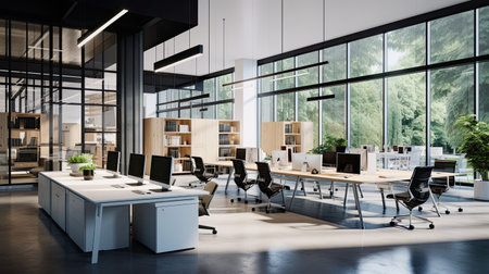 Contemporary open space office with white walls, concrete floor, rows of computer tables and black chairs. 3d renderingの素材