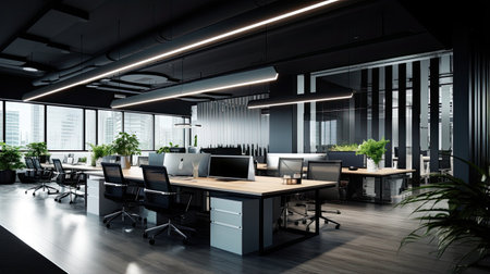 Contemporary office interior with city view and daylight. 3D Renderingの素材