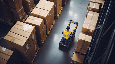 High angle view of warehouse worker operating forklift in warehouse. This is a freight transportation and distribution warehouse. Industrial and industrial workers conceptの素材