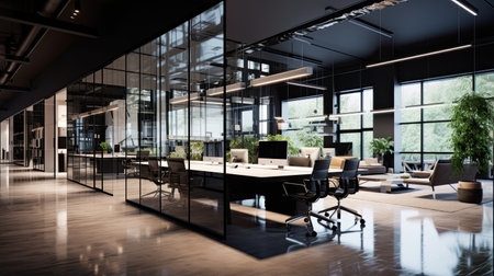 Interior of modern office with black walls, wooden floor, rows of computer tables and glass doors. 3d renderingの素材