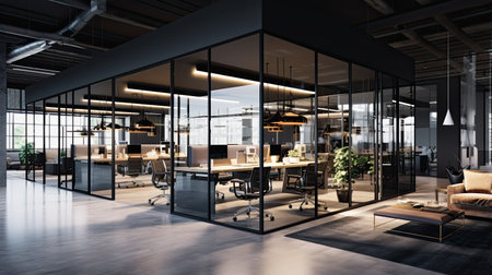 Contemporary office interior with city view and daylight. 3D Renderingの素材