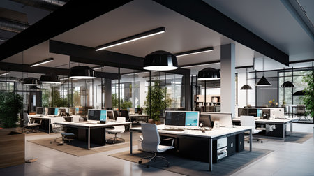 Modern open space office interior with city view and daylight. 3D Renderingの素材