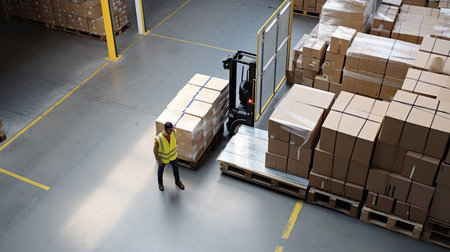 High angle view of a male staff walking in warehouse with forkliftの素材