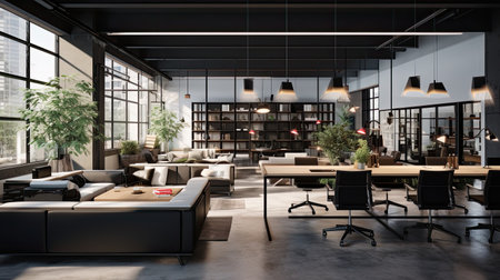 Interior of modern office waiting room with grey walls, concrete floor, rows of computer tables and bookcases. 3d renderingの素材