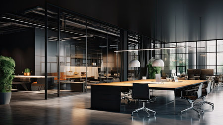 Interior of modern open space office with black walls, concrete floor, rows of computer tables and glass doors. 3d renderingの素材