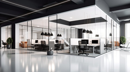 Contemporary open space office with black and white walls, concrete floor, rows of computer tables and armchairs. 3d renderingの素材