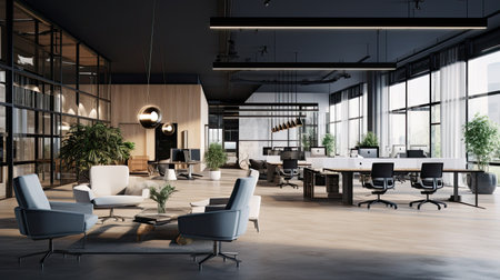 Contemporary coworking office interior with furniture and daylight. 3D Renderingの素材