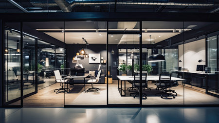 Interior of modern open space office with glass walls, concrete floor and rows of computer tables. 3d renderingの素材