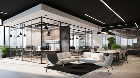 3d rendering of a modern office interior with a panoramic windowの素材