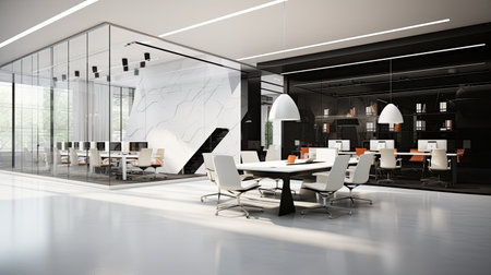 3d rendering of modern office interior design with white and black furnitureの素材