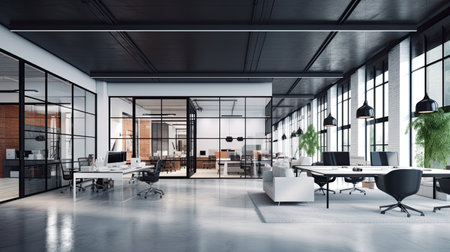 Contemporary office interior with daylight and daylight. 3D Renderingの素材