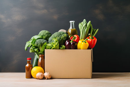 Box with fresh vegetables on wooden table and blackboard background. Food delivery conceptの素材