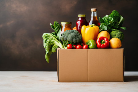 Box with different fresh organic vegetables and fruit. Delivery service concept.の素材