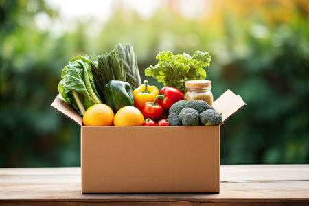 Fresh organic vegetables and fruits in cardboard box on wooden table in gardenの素材